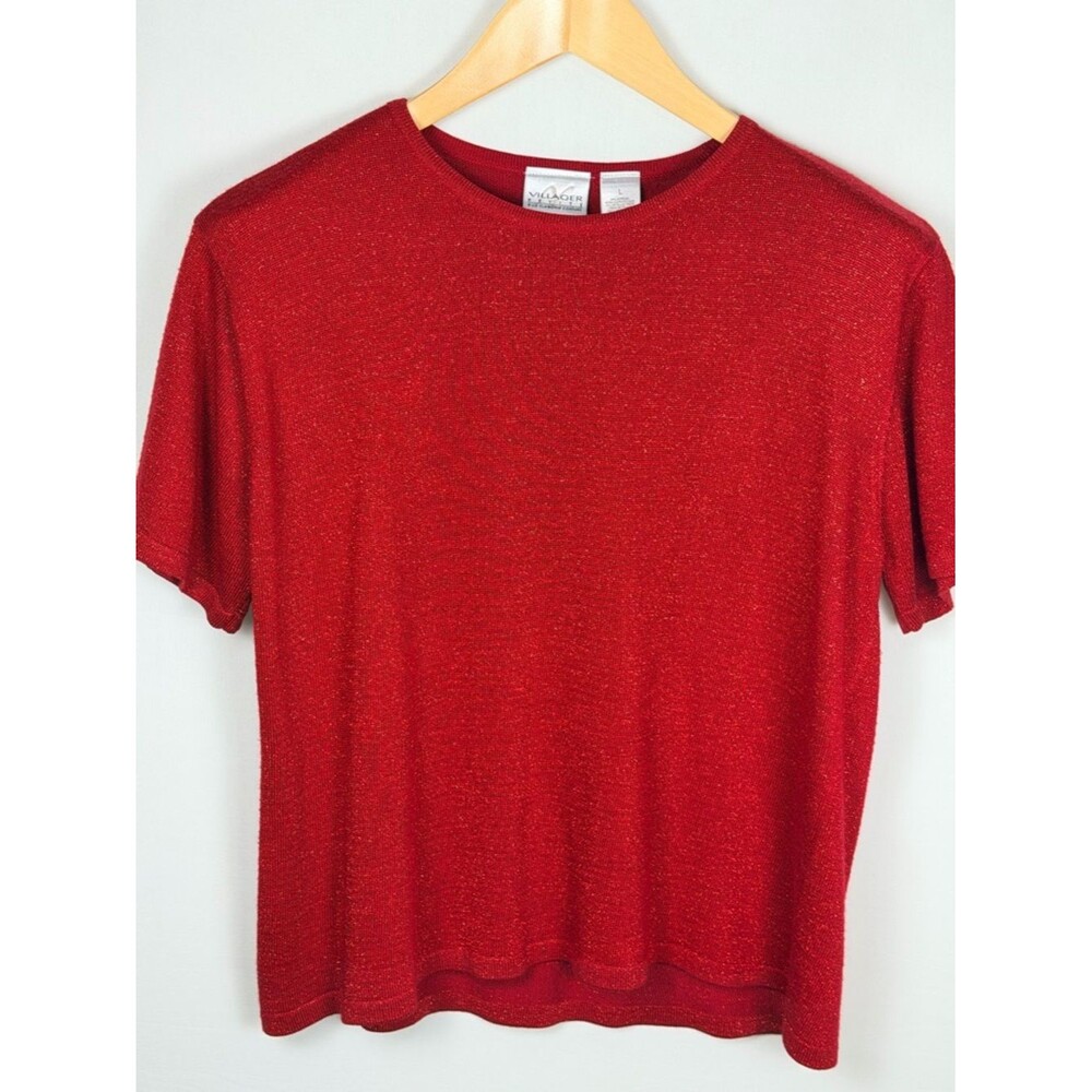 Villager Liz Claiborne Red Knit Top Large Short Sleeve Metallic Lightweight